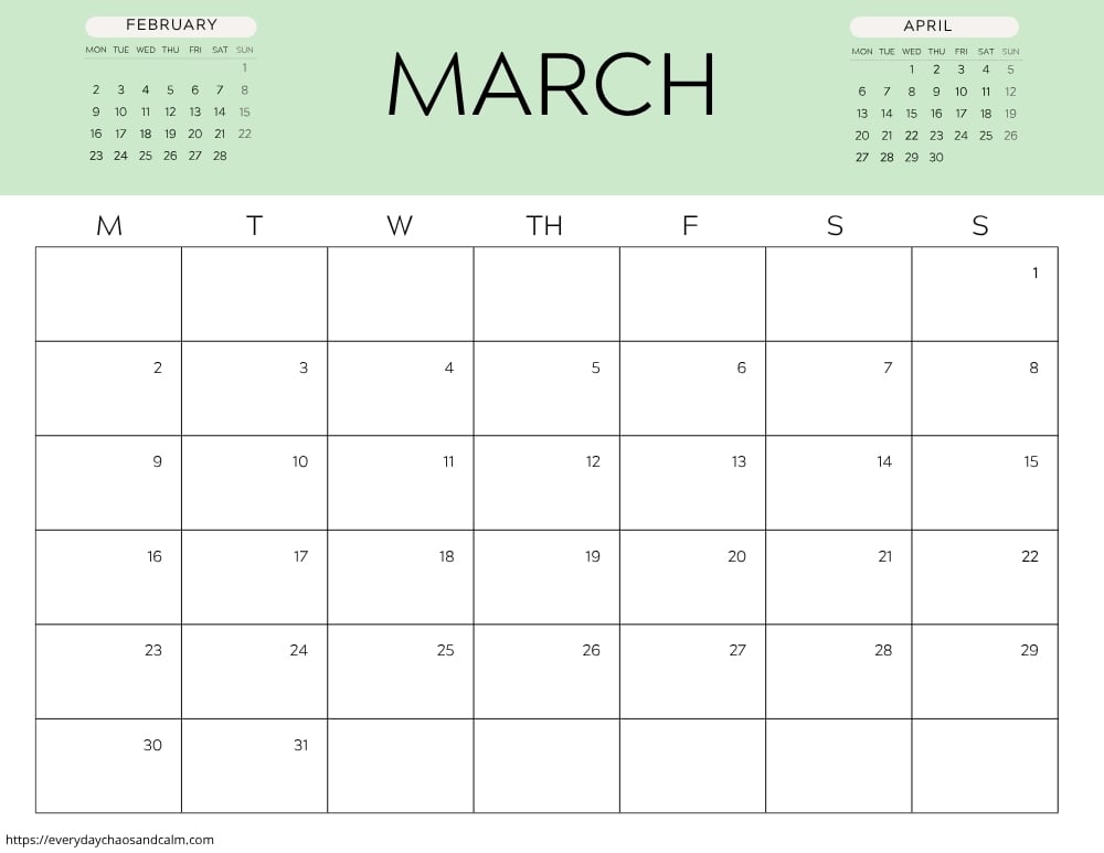printable march 2026 calendar- monday start