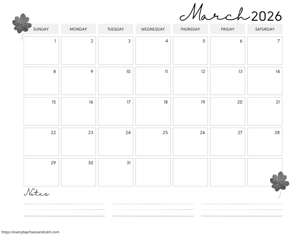 printable march 2026 calendar- sunday start