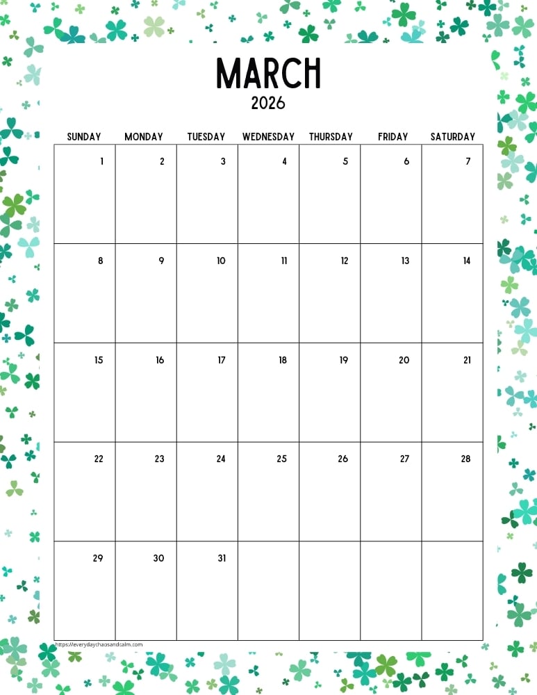 vertical printable march 2026 calendar- sunday start