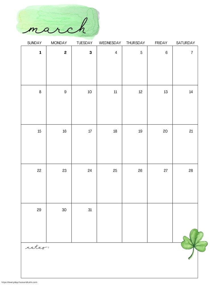vertical printable march 2026 calendar- sunday start