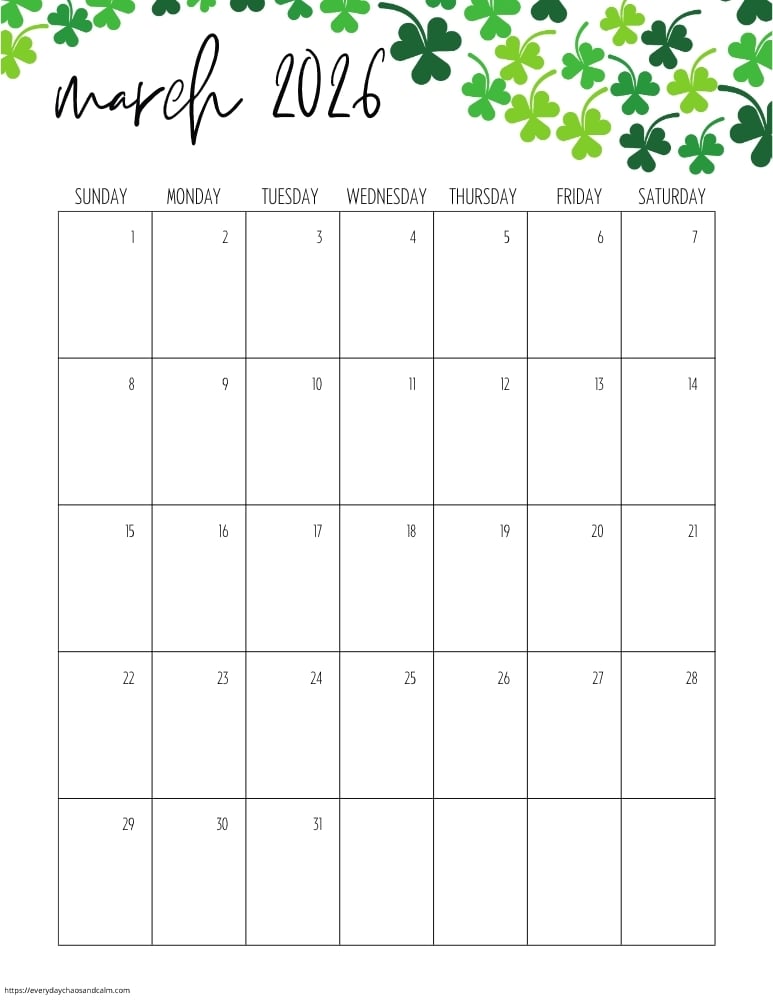 vertical printable march 2026 calendar- sunday start