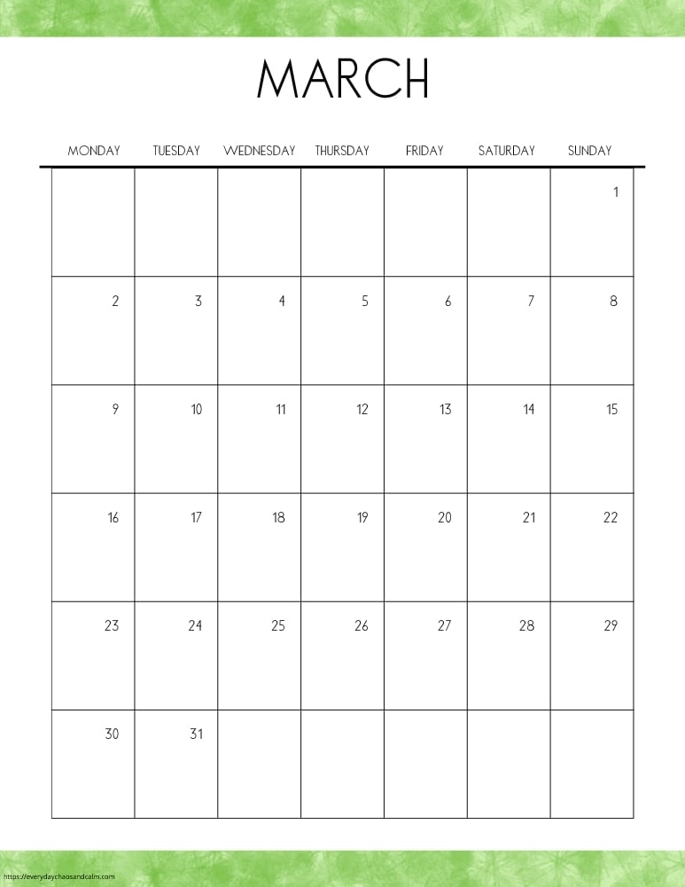 vertical printable march 2026 calendar- monday start