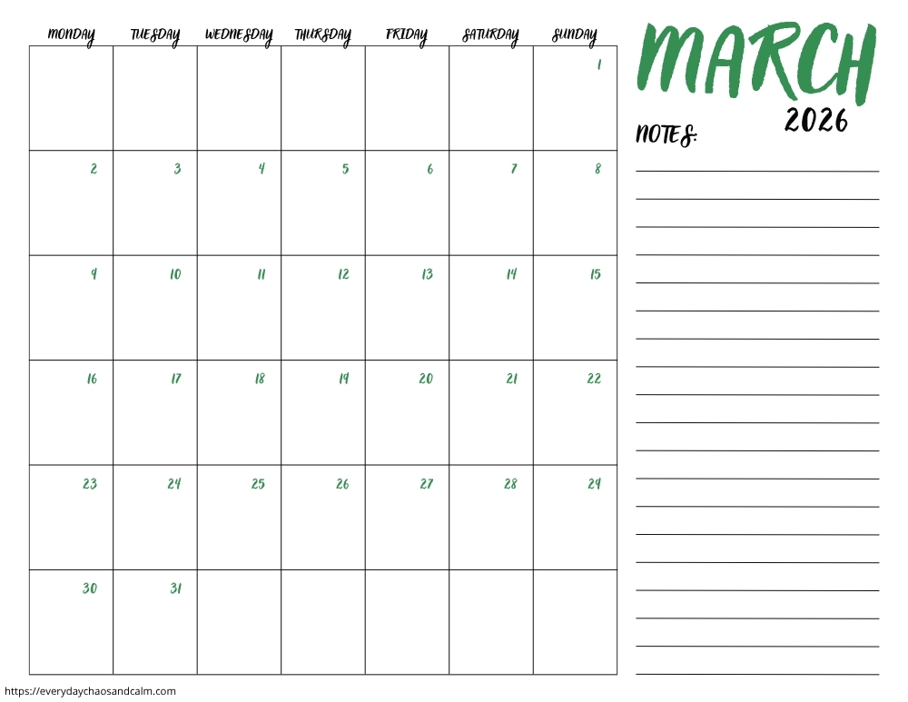 printable march 2026 calendar- monday start