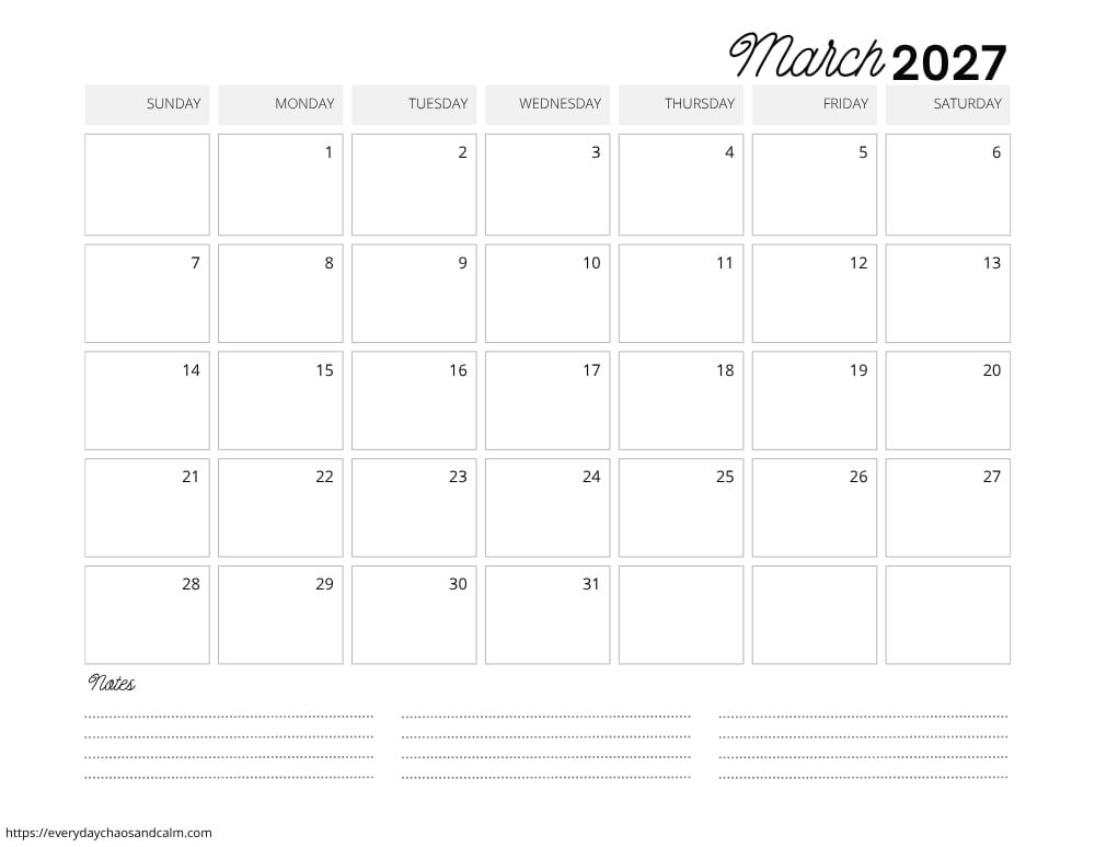 printable march 2027 calendar- sunday start