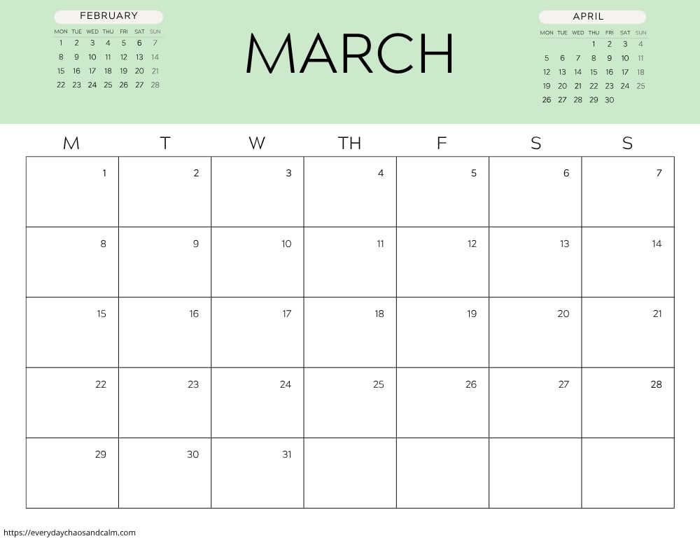 printable march 2027 calendar- monday start