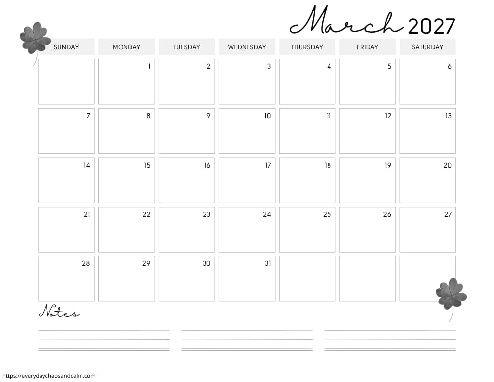 printable march 2027 calendar- sunday start
