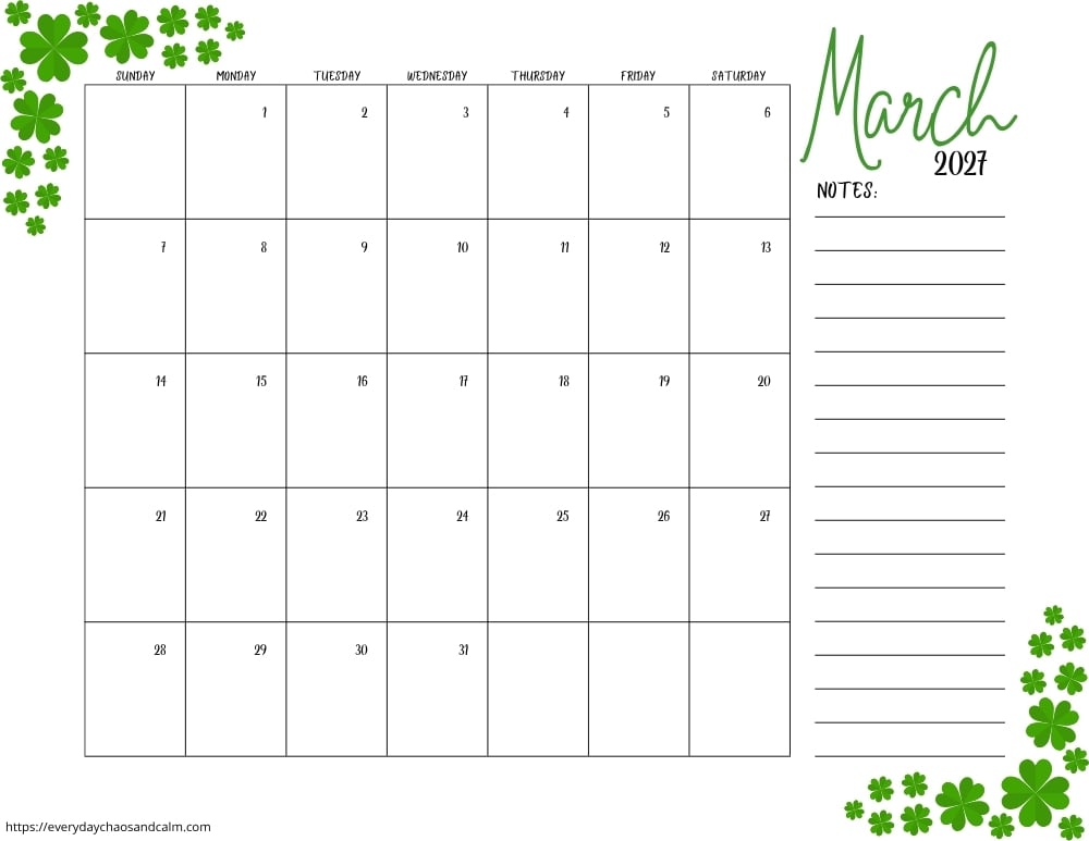 printable march 2027 calendar- sunday start