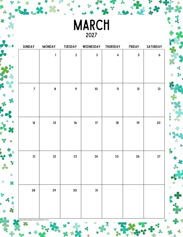 vertical printable march 2027 calendar- sunday start