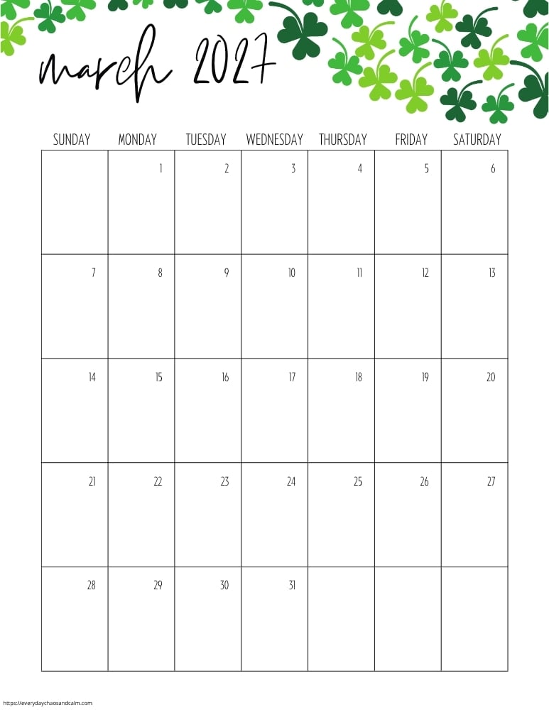 vertical printable march 2027 calendar- sunday start