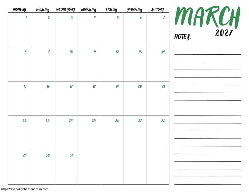 printable march 2027 calendar- monday start
