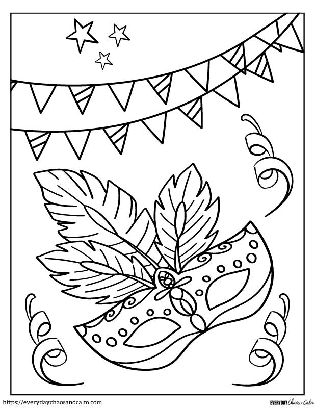 mardi gras coloring page with eye mask and flag banner