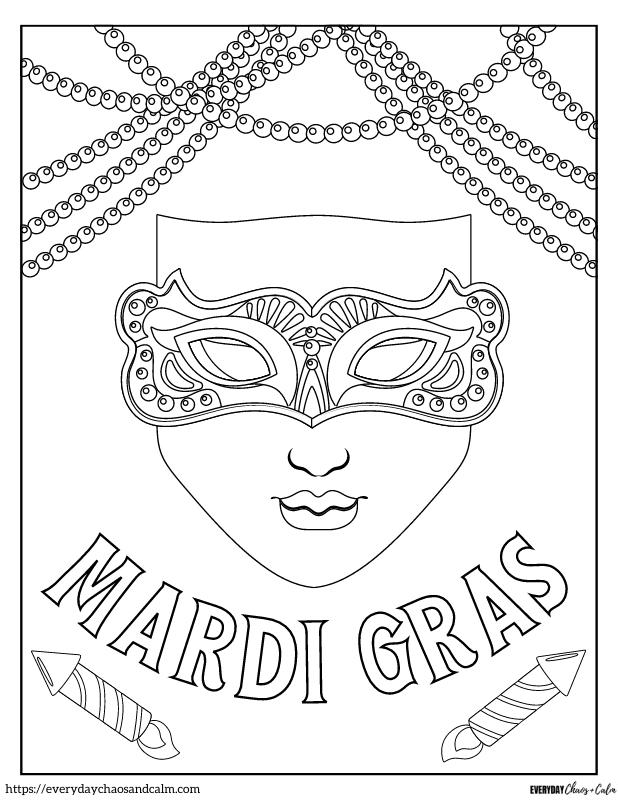 mardi gras coloring sheet with mask and beads