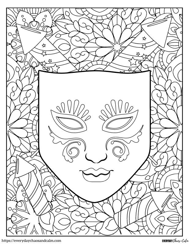 mandala style mardi gras coloring page with large mask