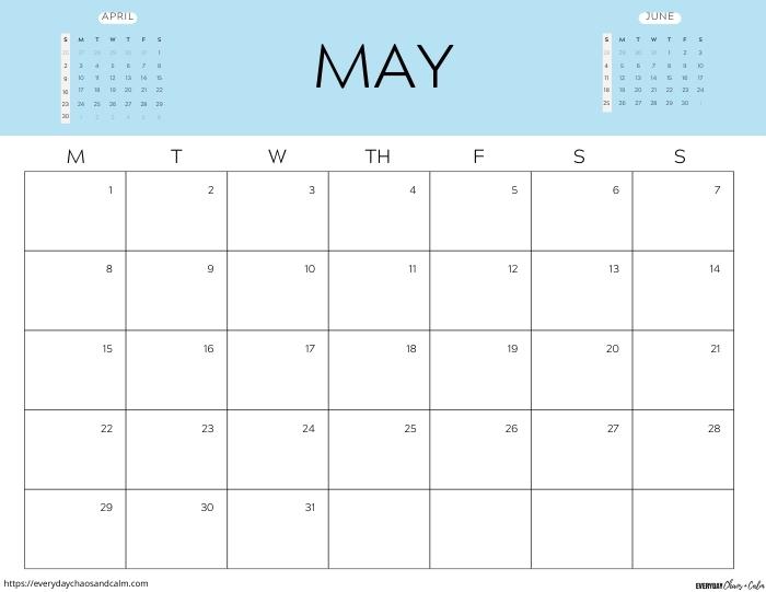 printable May 2023 calendar- monday start
