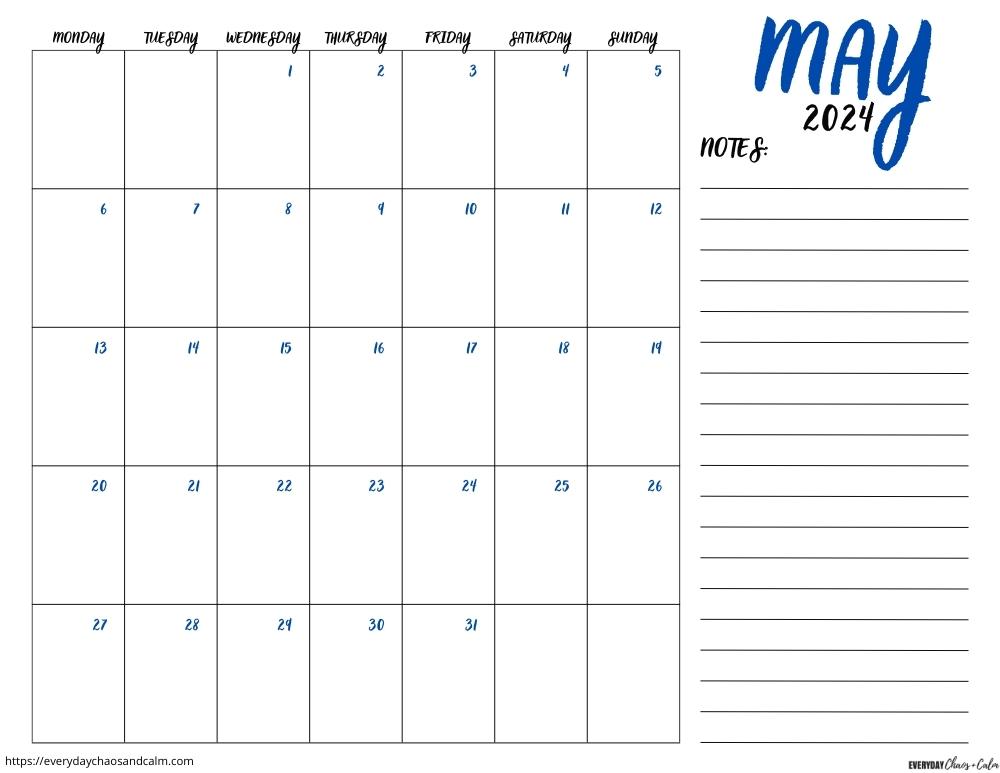 printable May 2024 calendar- monday start