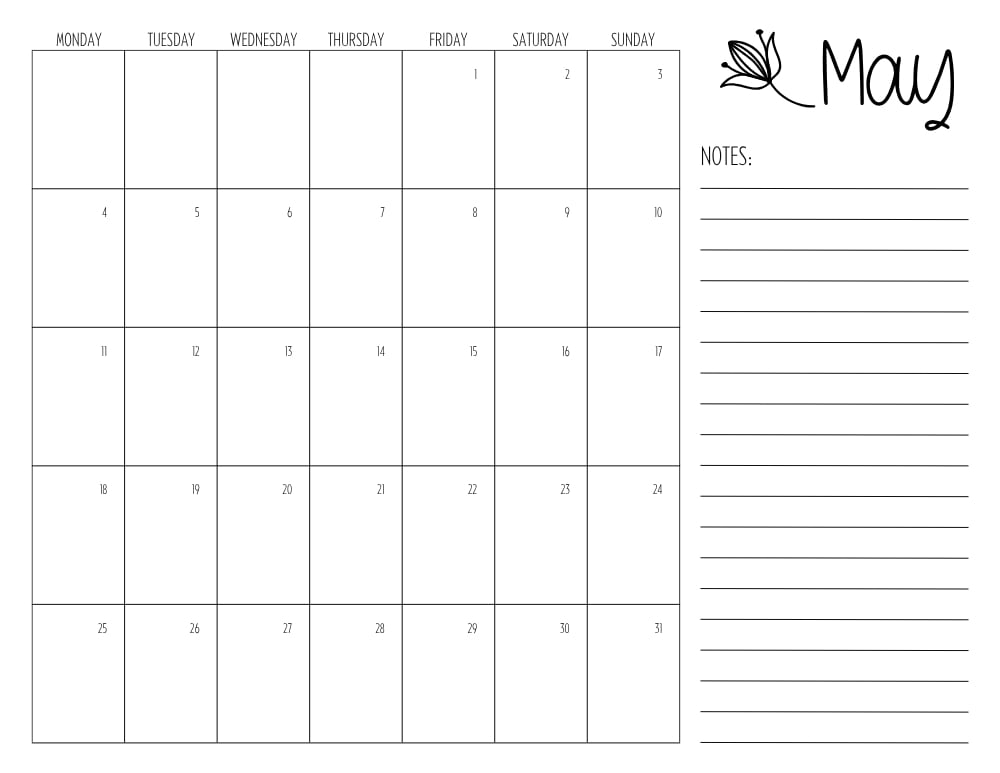 printable May 2026 calendar- monday start