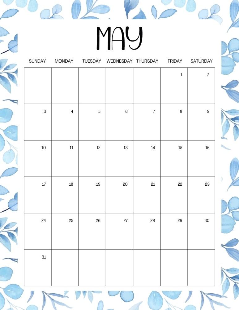 printable May 2026 calendar- monday start