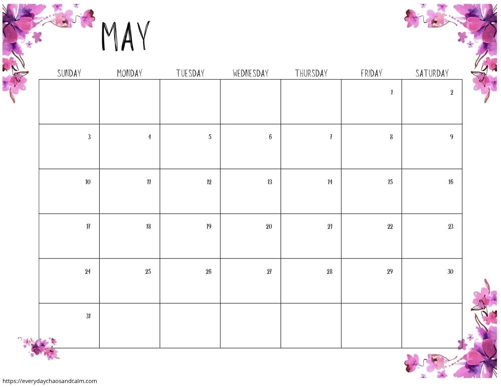 printable May 2026 calendar- sunday start