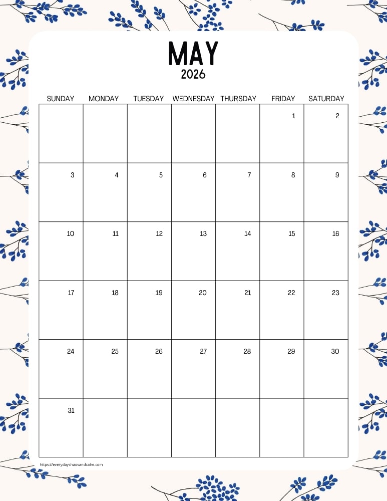 vertical printable May 2026 calendar- sunday start