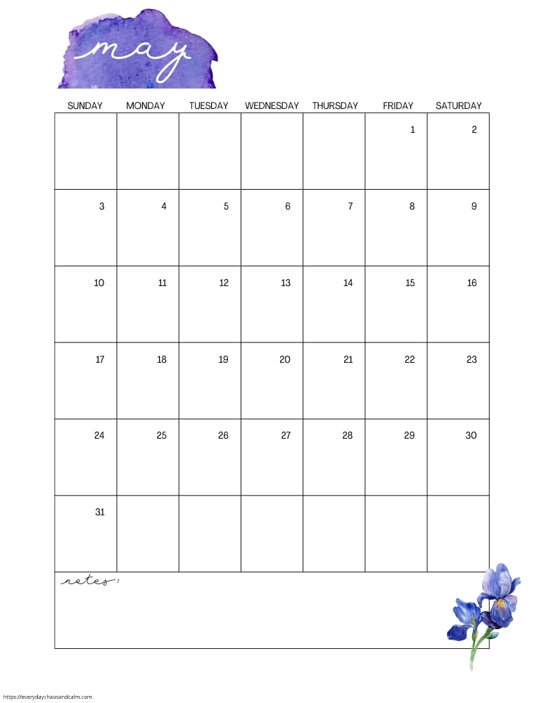 vertical printable May 2026 calendar- sunday start