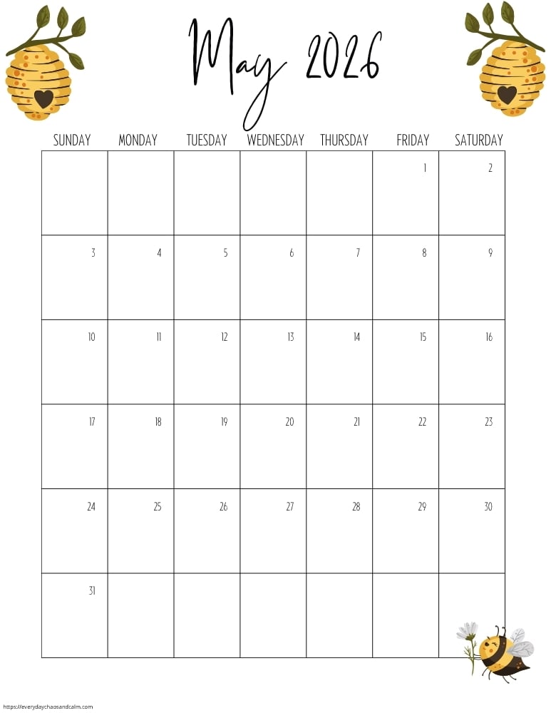 vertical printable May 2026 calendar- sunday start