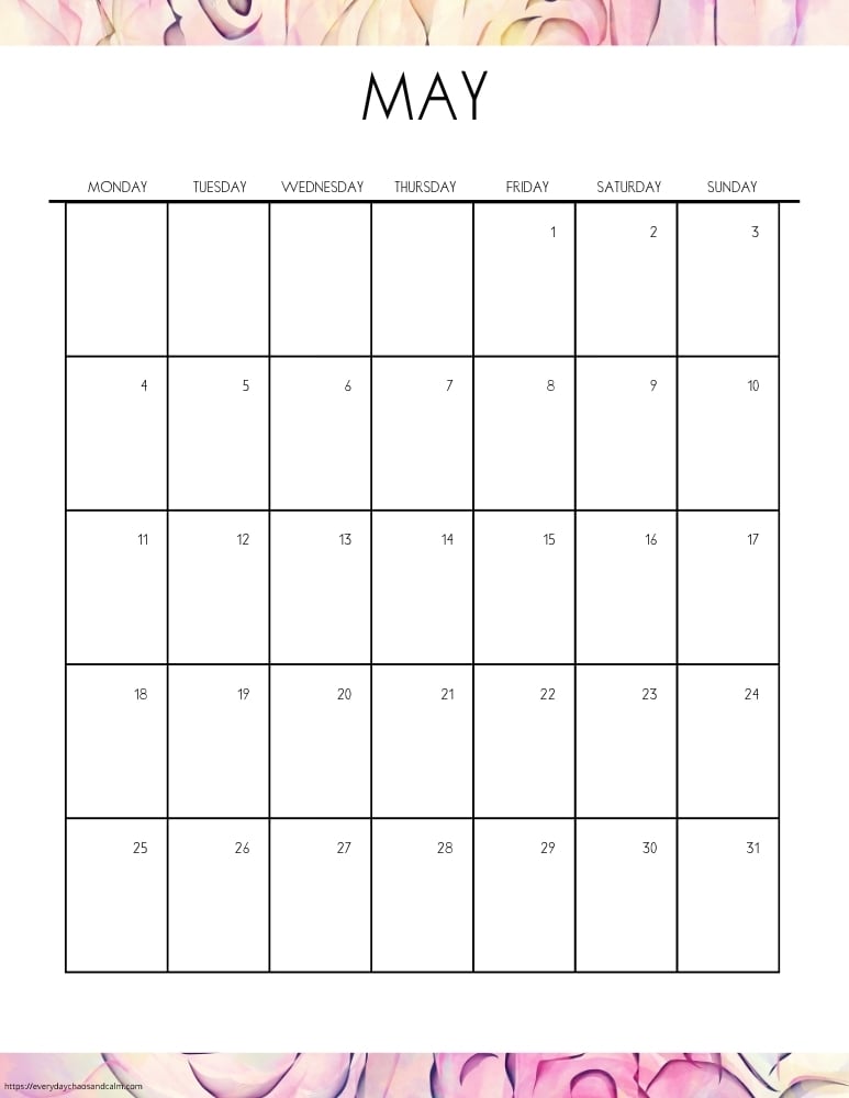 vertical printable May 2026 calendar- monday start