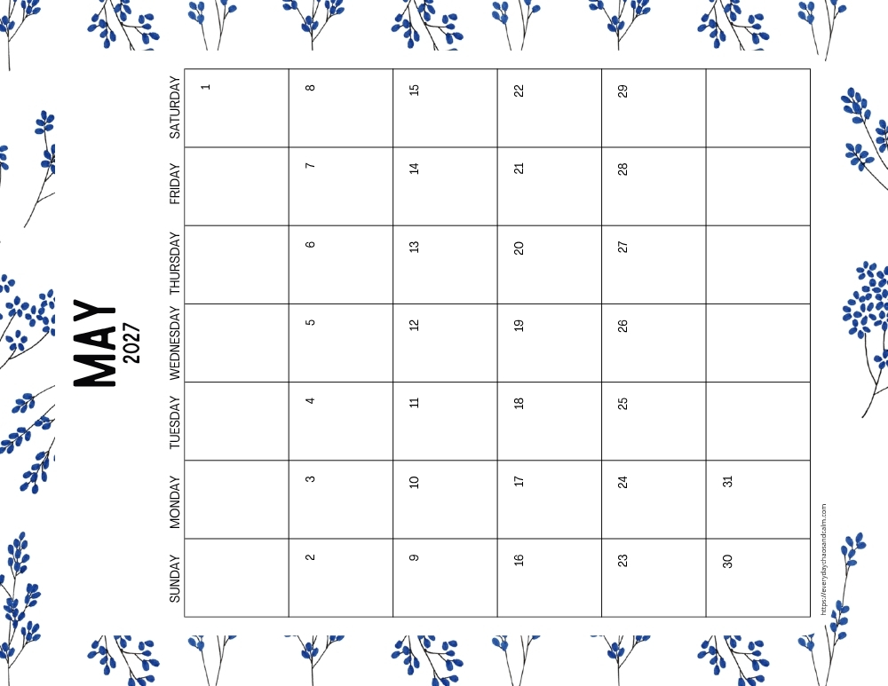 vertical printable May 2027 calendar- sunday start