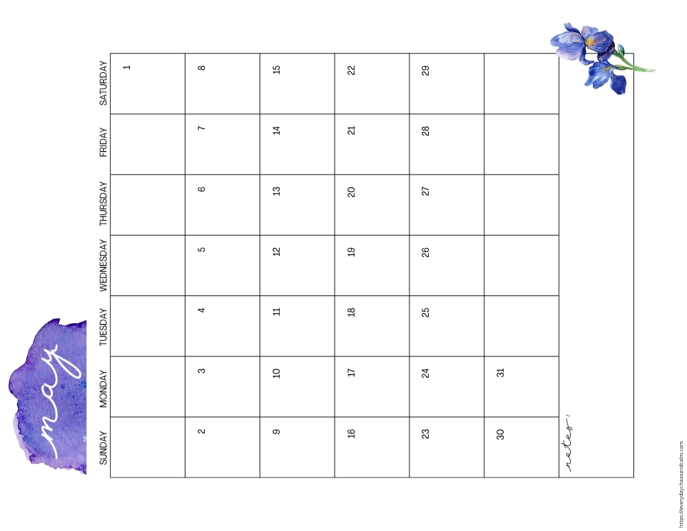 vertical printable May 2027 calendar- sunday start