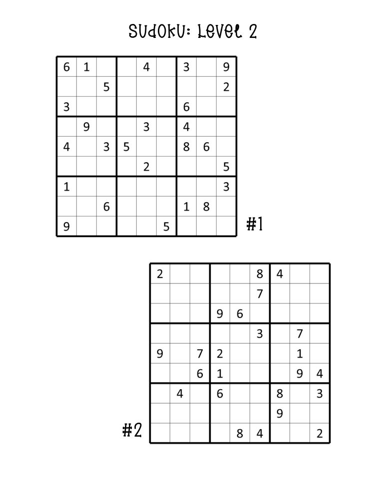 printable medium sudoku puzzles, two intermediate sudoku grids per page, logic game worksheet, PDF, instant download