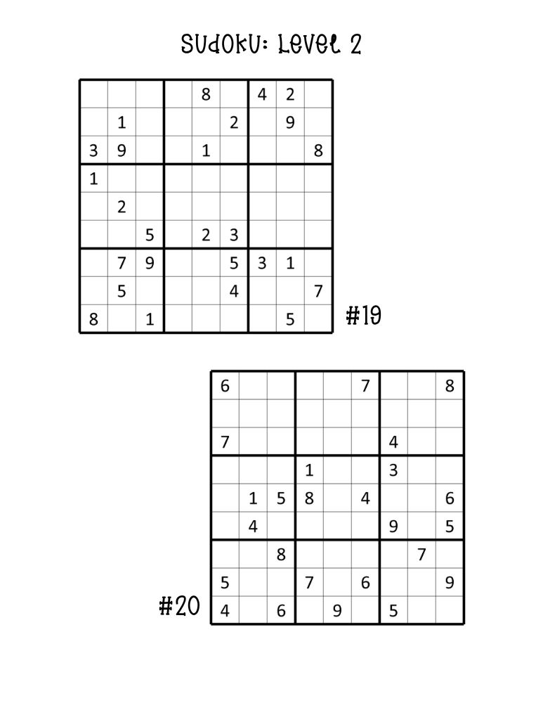 printable medium sudoku puzzles for students, two puzzles per printable sheet, number reasoning challenge, PDF, instant download