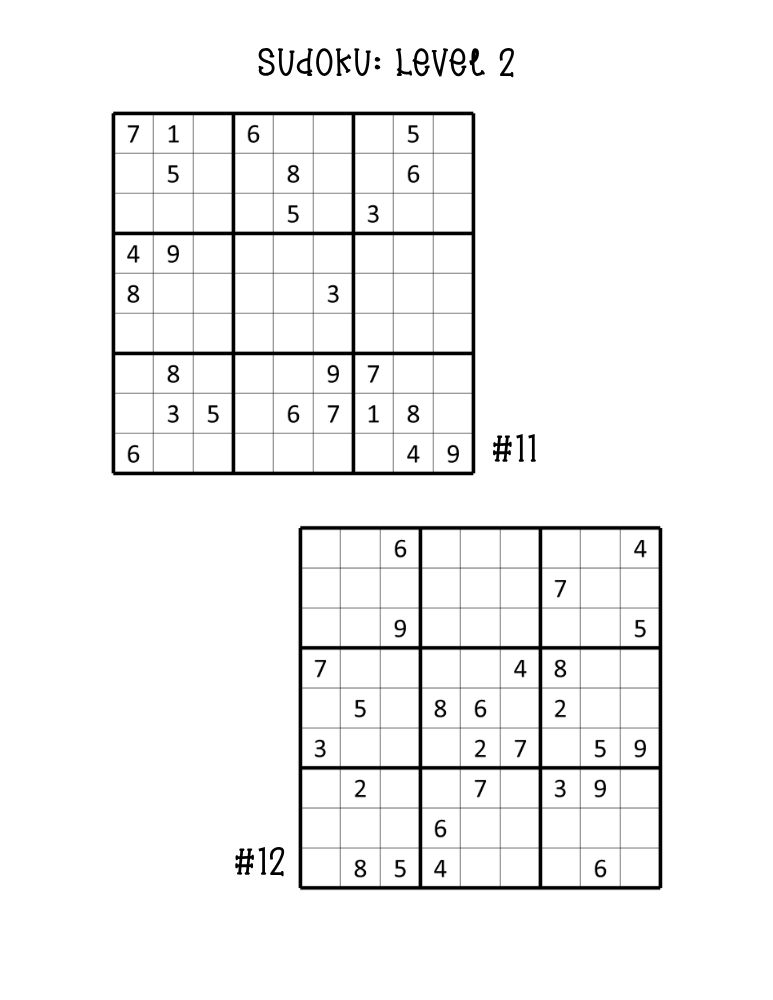 intermediate printable medium sudoku puzzles, 2 puzzles on one sheet, daily brain workout, PDF, instant download