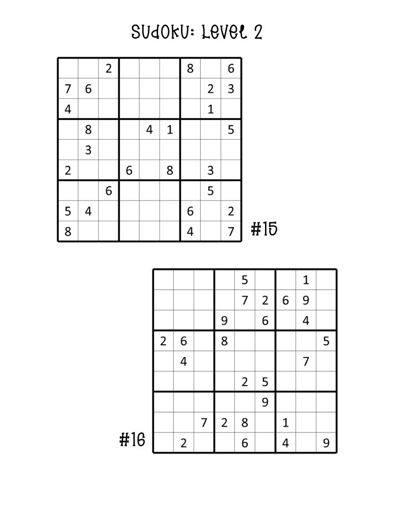 printable medium sudoku puzzles, two compact logic puzzles per page, student math review, PDF, instant download