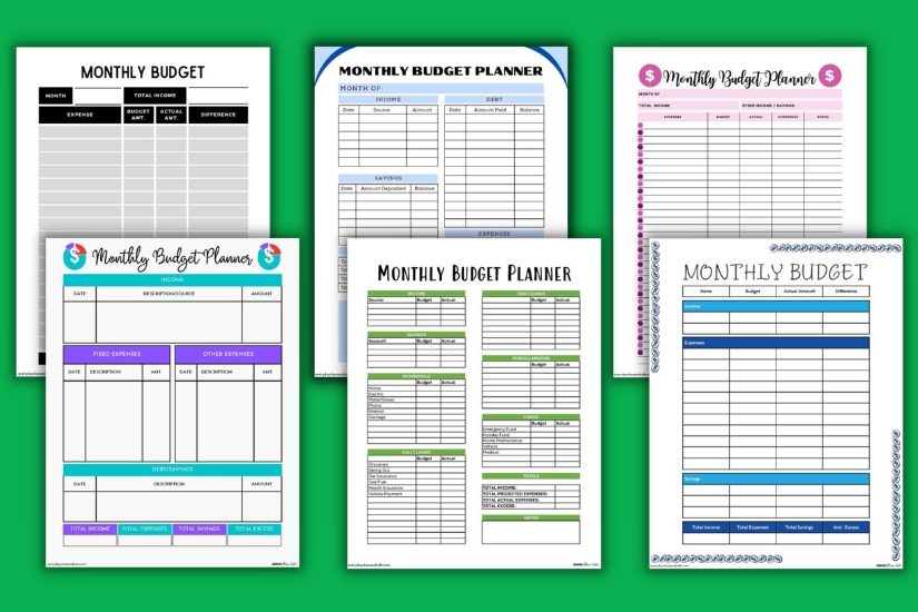 example pages of monthly budget planner on green background