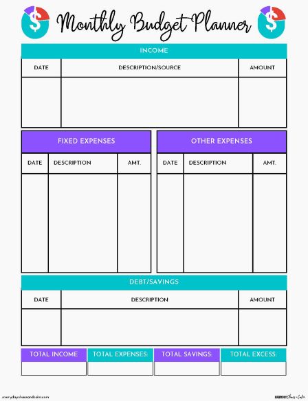 Monthly Budget Planner with Fixed and Variable Expenses Free printable monthly planner,for organization, saving money, track income and expenses, instant download.