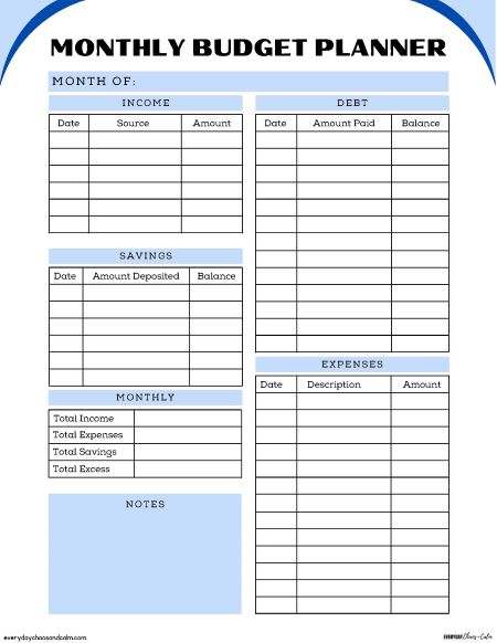Printable Monthly Budget Planner with Categories Free printable monthly planner,for organization, saving money, track income and expenses, instant download.