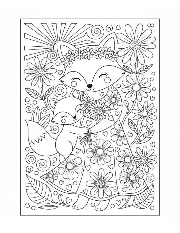 Mother's Day tea party coloring, cute illustration for kids, printable activity, PDF, instant download