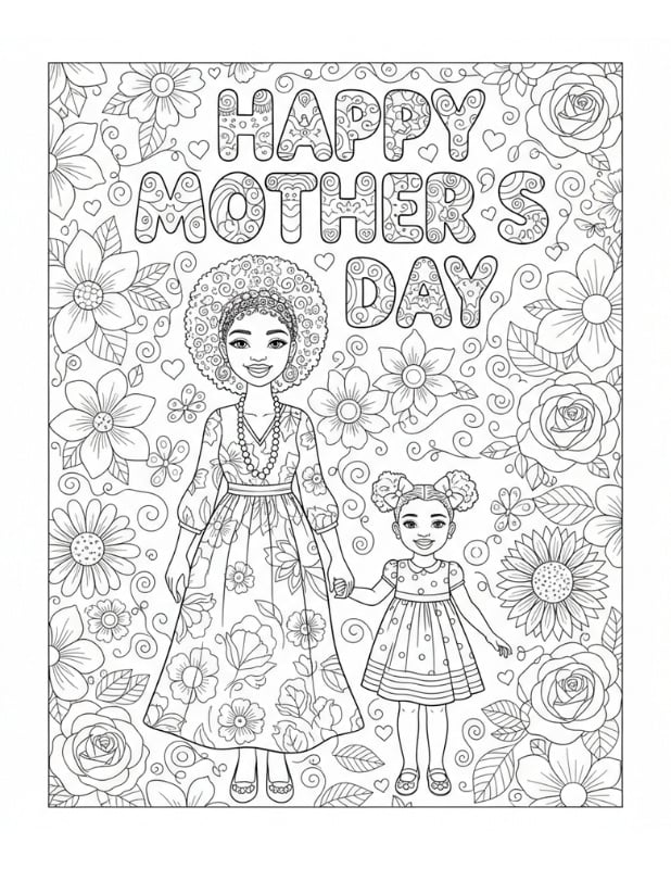 Mother's Day heart pattern coloring, decorative border, kids printable, PDF, instant download
