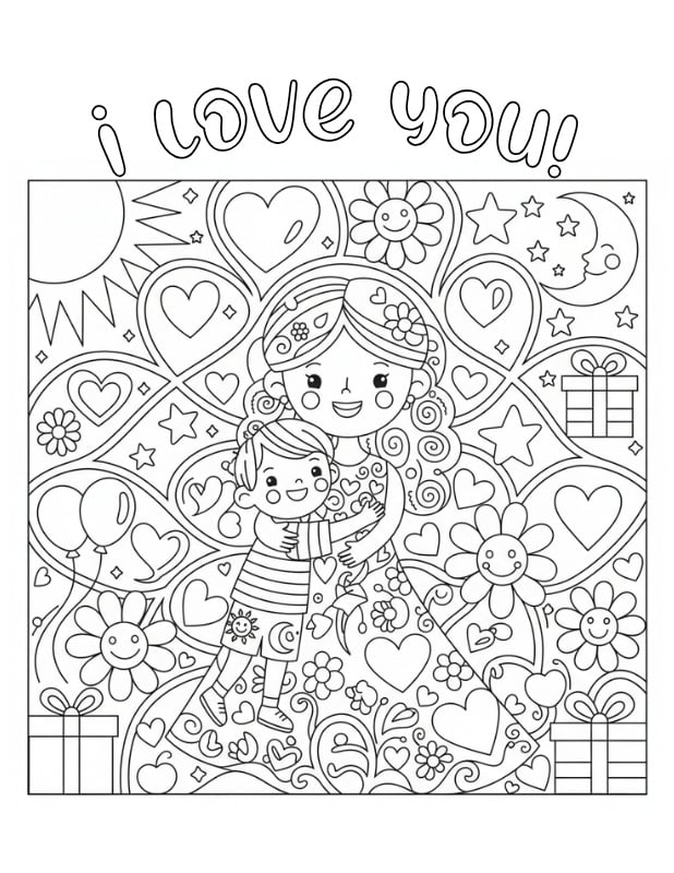 mother and child coloring page, heartfelt gift for mom, holiday printable, PDF, instant download