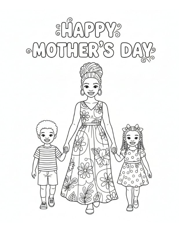 happy Mother's Day coloring sheet, printable card for kids, heart design, PDF, instant download