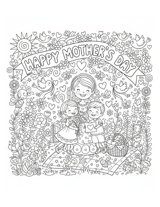 Mother's Day flower bouquet coloring, gift for mom, toddler craft, PDF, instant download