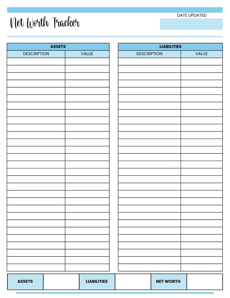 printable net worth tracker, net worth log, printable , PDF, instant download, 