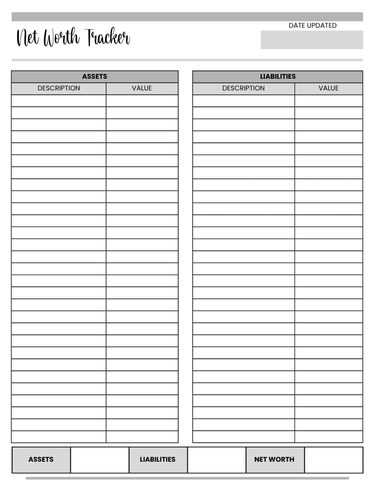 printable net worth tracker, net worth log, printable , PDF, instant download, 