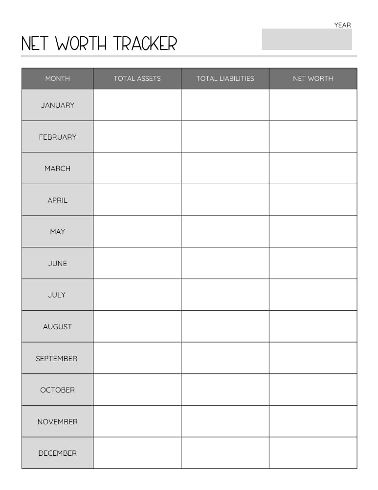 printable net worth tracker, net worth log, printable , PDF, instant download, 