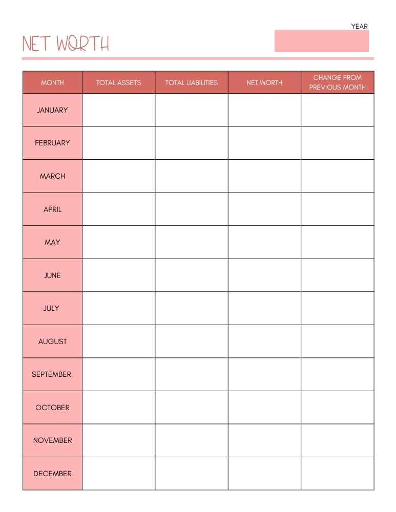 printable net worth tracker, net worth log, printable , PDF, instant download, 