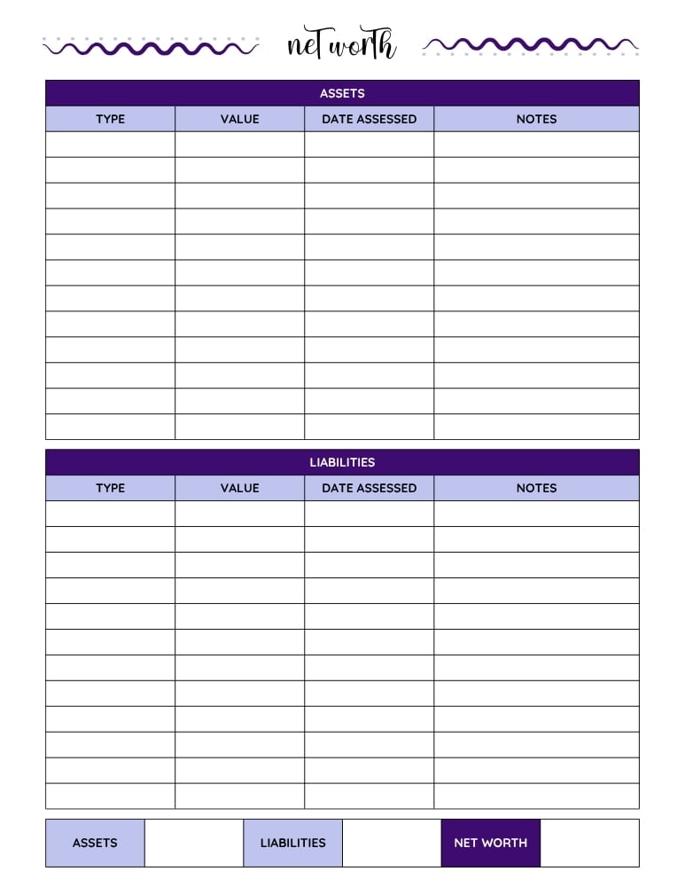 printable net worth tracker, net worth log, printable , PDF, instant download, 