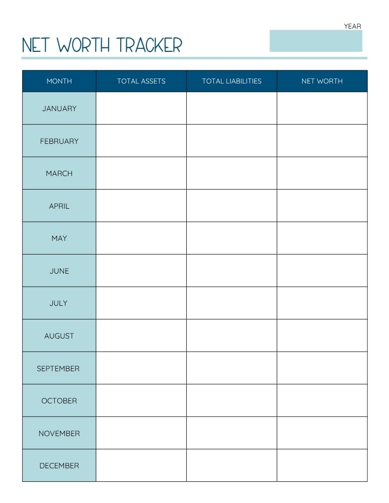 printable net worth tracker, net worth log, printable , PDF, instant download, 
