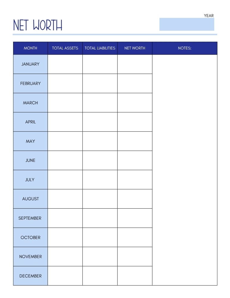 printable net worth tracker, net worth log, printable , PDF, instant download, 