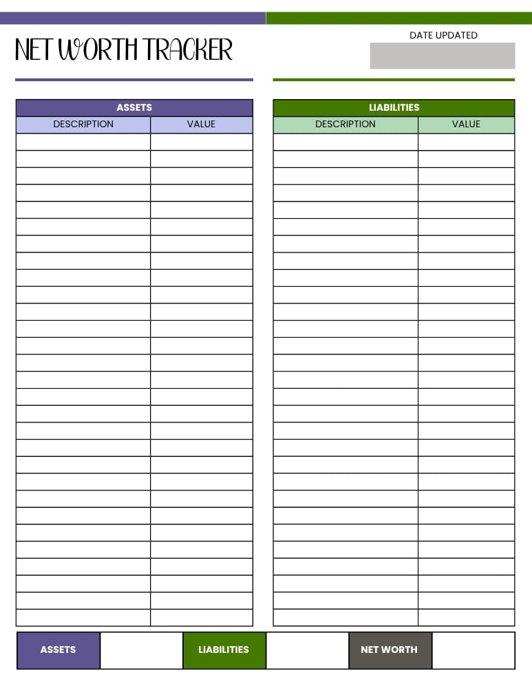 printable net worth tracker, net worth log, printable , PDF, instant download, 