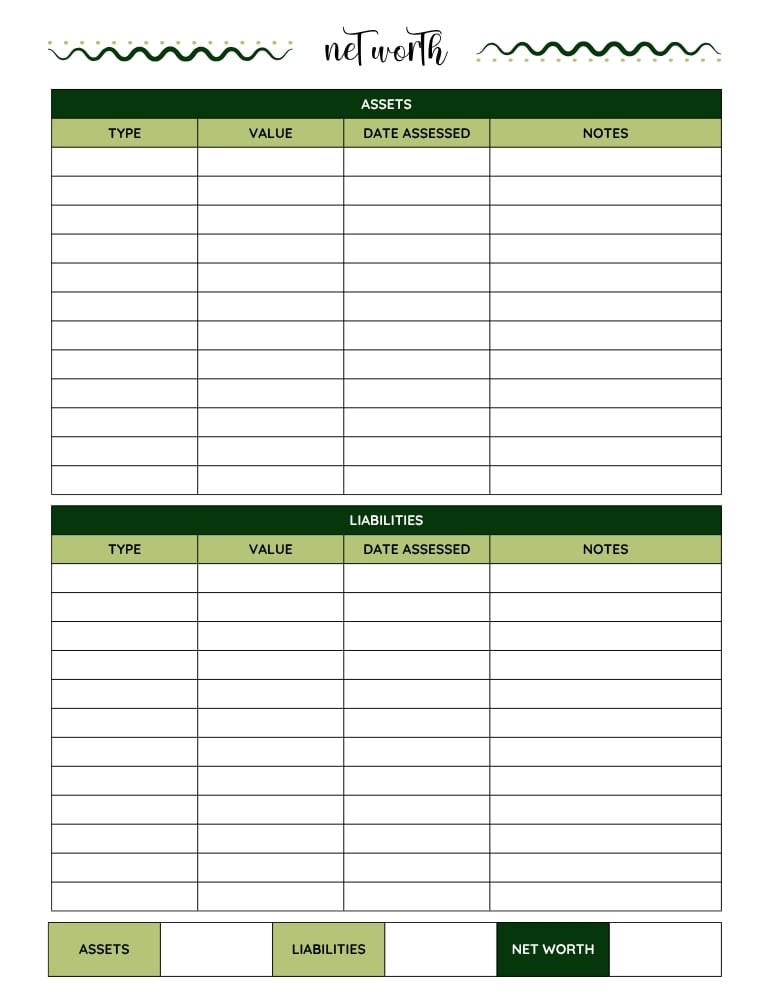 printable net worth tracker, net worth log, printable , PDF, instant download, 