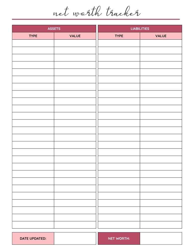 printable net worth tracker, net worth log, printable , PDF, instant download, 